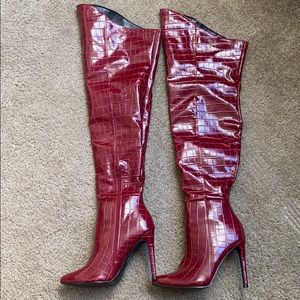 Miss Lola Red Croc Over the Knee Boots
